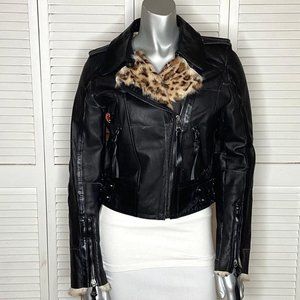 Y2K D&G DOLCE & GABBANA Black Leather LEOPARD PRINT Fur Lined Biker Jacket 38 2